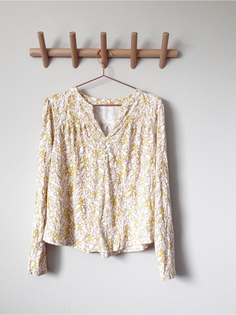 Lands' End Cream Blouse with Yellow Floral Print